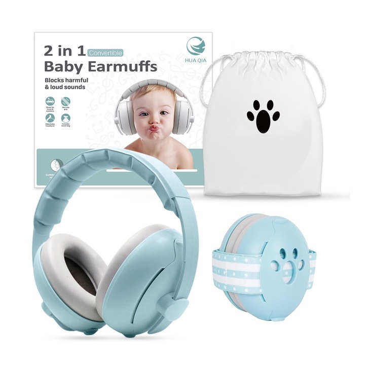 Антифони за бебета и деца 2 в 1, XUNNING, за защита на слуха, 2 взаимозаменяеми режима на използване, намаляване на шума 25dB SNR, За деца до 4 години, Син