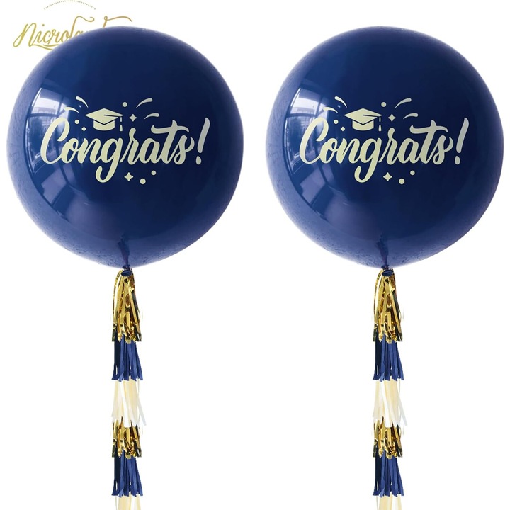 Комплект от 2 големи абитуриентски балона NICROLANDEE, 90 см, включени ресни, тъмносин цвят