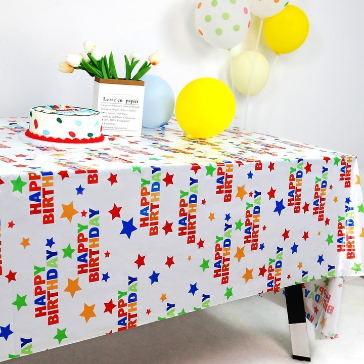 SUIFAYIO téglalap alakú terítő, Boldog születésnapot, PVC, 137*274cm, csillag