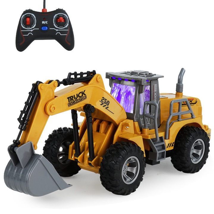 RC играчка багер с дистанционно управление с челен товарач с кофа, строителна машина, въртене на 360°, със светлина и звуци, мащаб 1:30, 3 години+