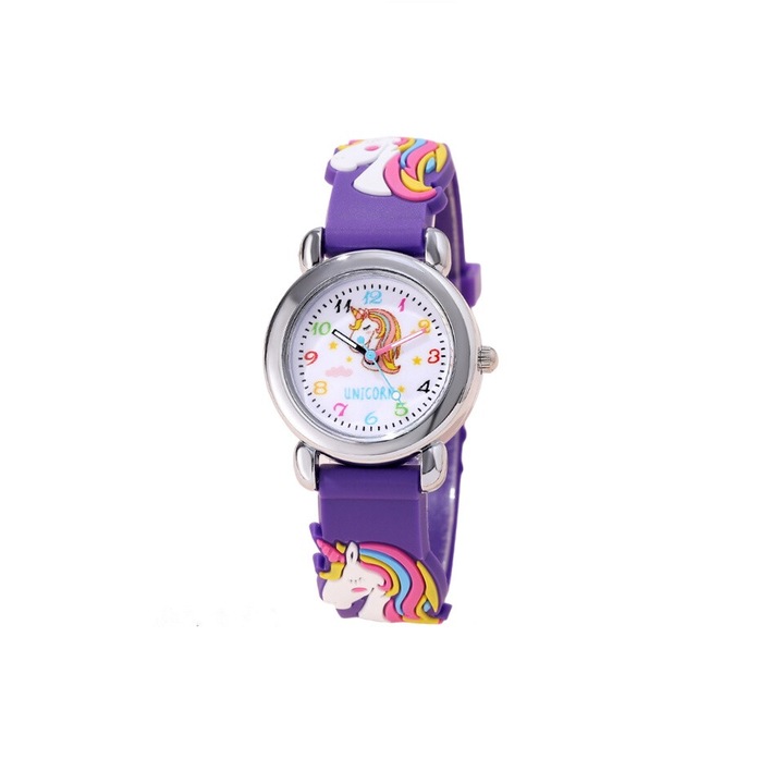 Ceas de copii Magic Unicorn cu cadran alb si curea mov din silicon cu unicorni