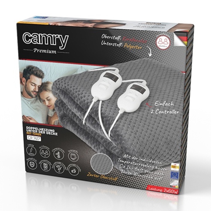 Двойно електрическо одеяло, CAMRY с таймер, polar, 2x60W, 230V, сиво