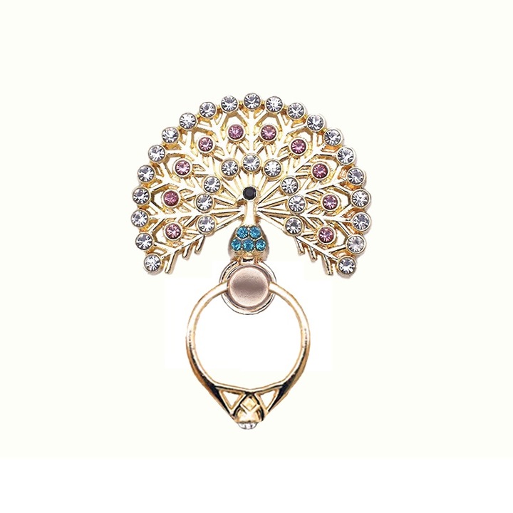 Telefontartó, páva dizájn kristályokkal, luxus fém, könnyen használható, minden telefonnal kompatibilis, fehér/rózsaszín