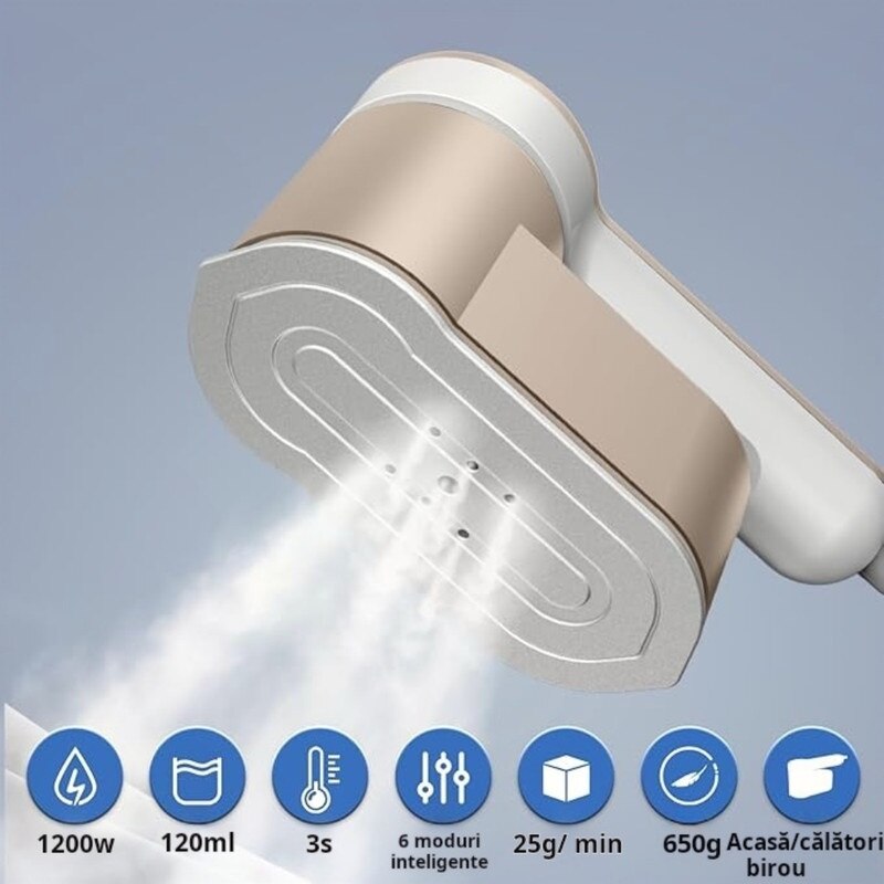 Fier de calcat portabil, 6 moduri, afisaj LED,1200W, rezervor 120ml, Potrivit pentru familii si calatorii, auriu