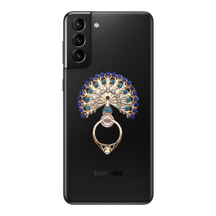 Suport telefon, inel cristal, rotatie 360°, design in forma de paun, model decupat, albastru