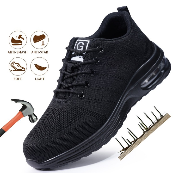 Pantofi de siguranta cu perna de aer pentru barbati si femei Cu varf de otel Anti-punctura Pantofi de siguranta inalti Respirabil Rezistent la uzura Rezistent la impact Negru 40