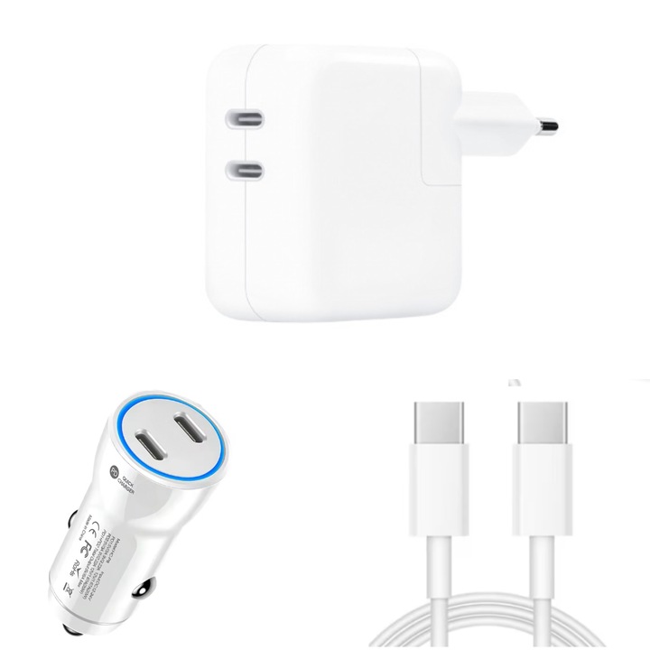 Kit Incarcator Dual USB-C 50W Fast Charger, Cablu date USB-C-C 67W, 2M, incarcator auto Dual USB-C-C 60W, Compatibil cu iPhone16, 16 pro max, QUANDES®