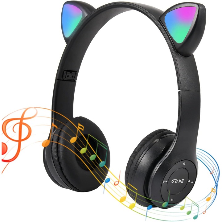 Casti Audio Wireless Copii, Over the Ear, Urechi Pisica, Vala® P47M, LED RGB, Pliabile, MP3 Card, Apel Hands-free, Bluetooth 5.0, Bass, Negru