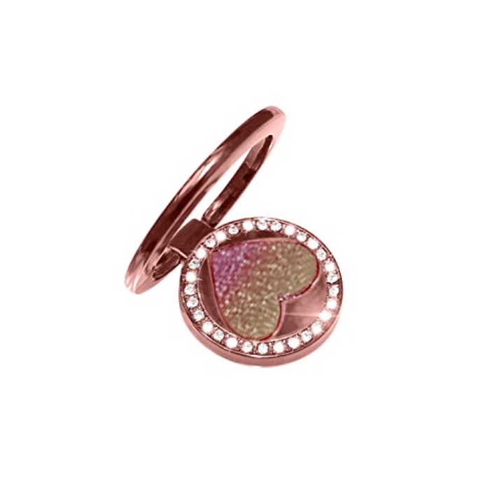 Telefontartó, 360°-ban forgatható gyűrű, szív modell, beépített kristályok, rózsaszín arany