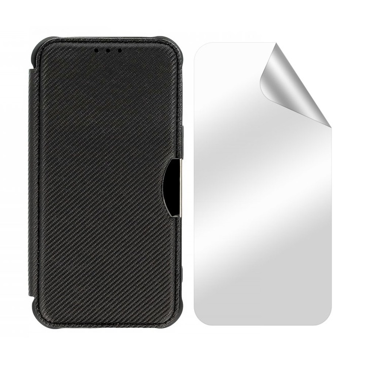 Set Folie Hydrogel Regenerabil Clear si Husa Flip Carbon Fusion pentru Xiaomi Redmi Note 13 Pro 4G, Durabila, Premium Materials, Claritate FullHD, Buzunar card, Silicon Flexibil, Acoperire Display si Spate, Negru