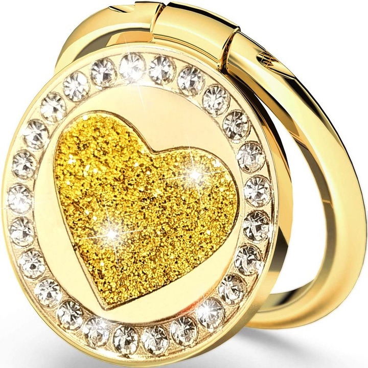 Telefontartó, 360°-os mobilgyűrű, szívmodell, beépített kristályok, arany