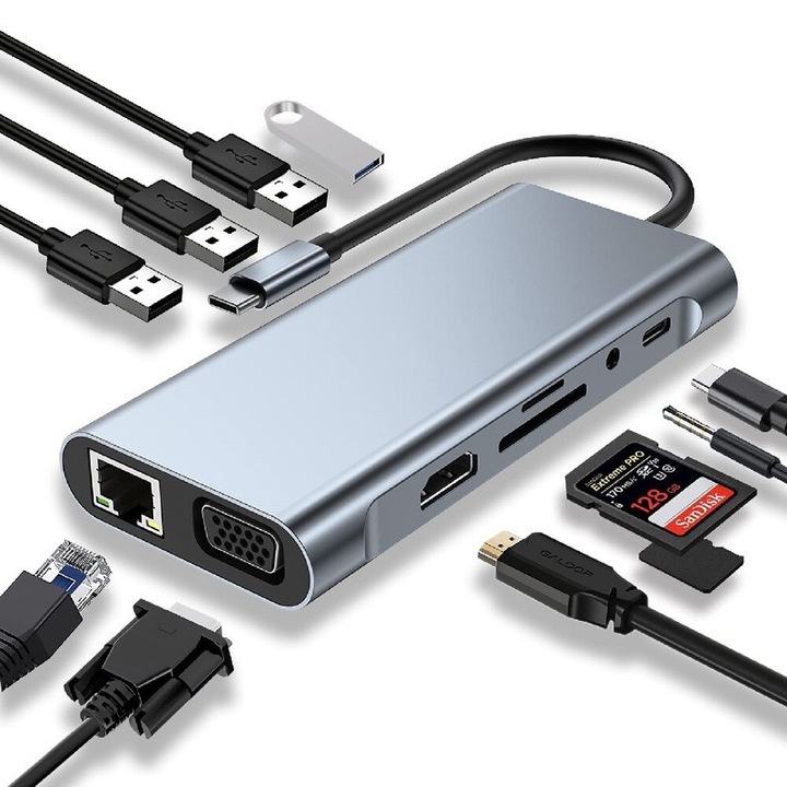 11 az 1-ben USB-C hub HDMI 4K, VGA, PD, USB3.0, RJ45 Ethernet, SD/TF kártyaolvasóval, C típusú laptopokhoz