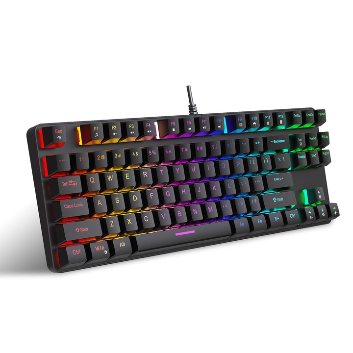 Механична игрална клавиатура, Hesasa®, RGB, 87 клавиша, черна