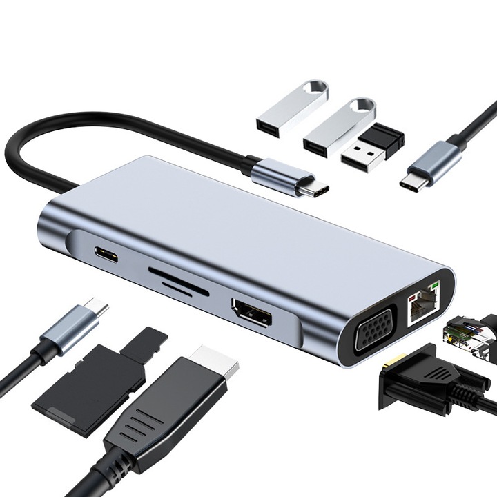 USB-C хъб, Bolongking, 10in1, HDMI4K30HZ+VGA1080P+PD100W+SDTF+2*U2+U3+RJ45100M+AU3.5 порт за зареждане, сребрист