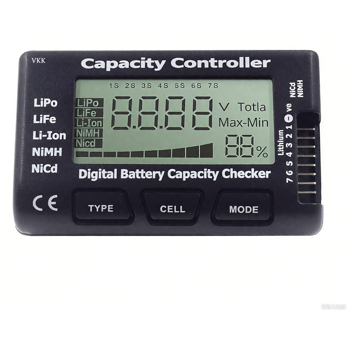 Tester pentru baterii, 0.5V-30.45V, Potrivit pentru baterii cu litiu 2-7S diferite modele de aeronave, 4-7S NiMH, baterii NiCd, 1 baterie, VKK®, Negru