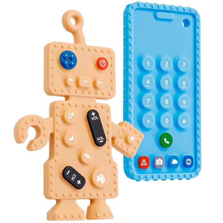 Set 2 jucarii pentru dentitie in forma de robotel/telefon, Silicon, SARALMA®