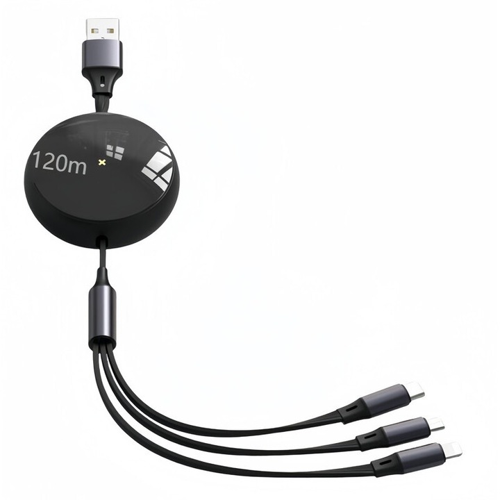 3 az 1-ben visszahúzható töltőkábel, gyorstöltés 3A, állítható hossza 30-120cm, fekete