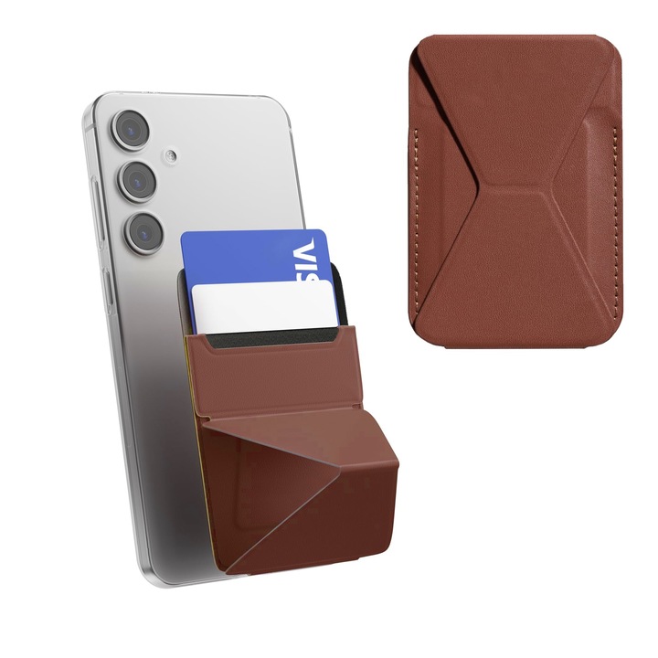 3 in 1 Suport telefon, cu portofel, doua moduri de sustinere, universal, maro