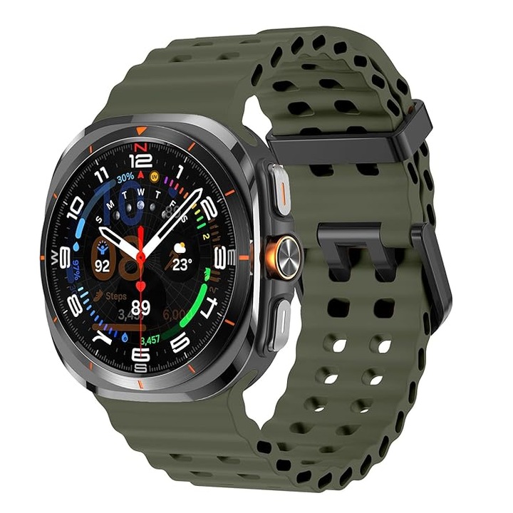 Curea Silicon MTP compatibila cu Samsung Galaxy Watch Ultra, 47mm, Catarama neagra, Quick Release, Army Green