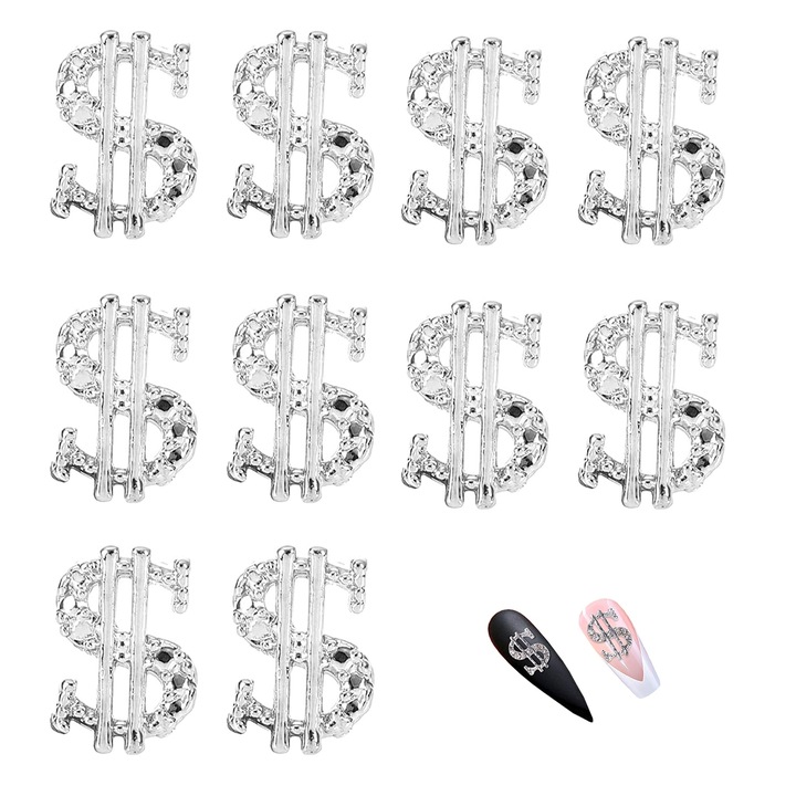 Set 10 Decoratiuni Unghii 3D, Forma Dolar, Aliaj, reutilizabil, utilizari multiple, Argintii