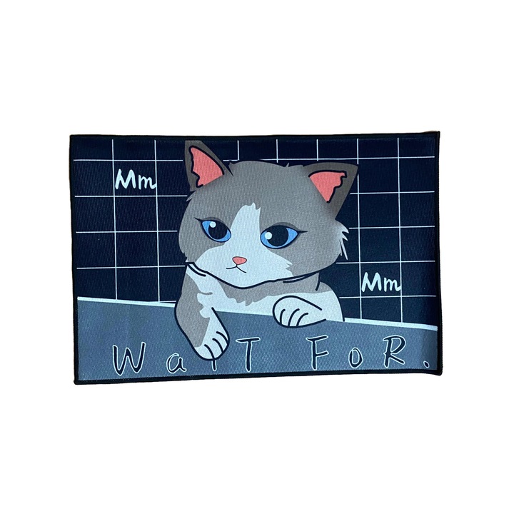 Covoras de Casa Antiderapant, Substrat Absorbant, Dreptunghiular, 60x40 cm, model model pisicuta "wait for", negru si gri