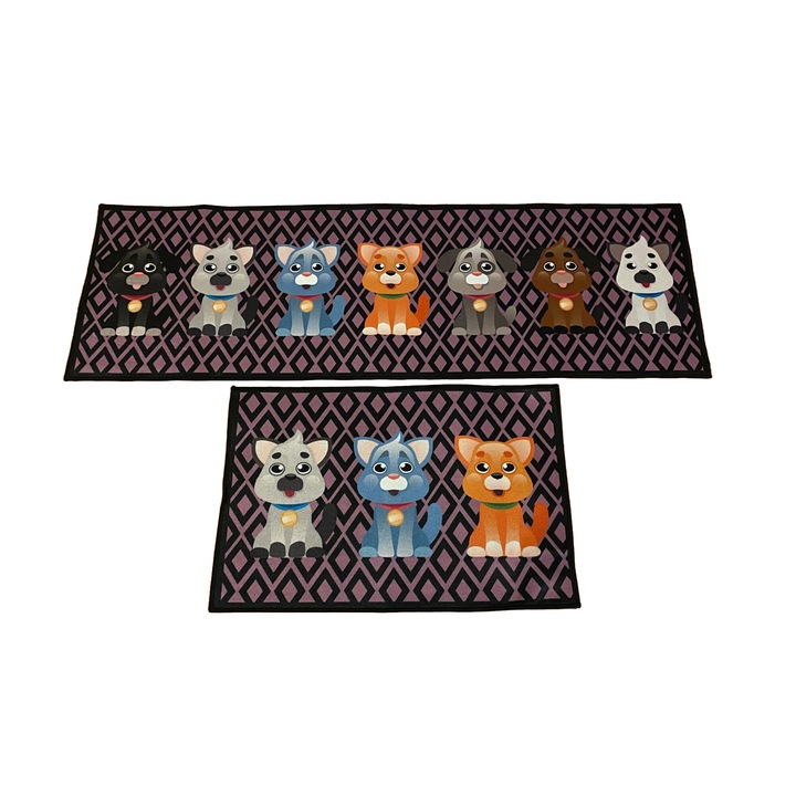 Set 2 Covorase de Casa Antiderapante, Substrat Absorbant, Dreptunghiulare, 120x40 cm si 60x40 cm, model catelusi, lila