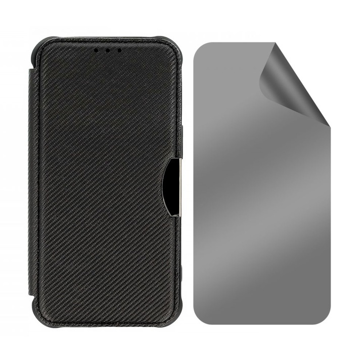 Set Folie Hydrogel Regenerabil PRIVACY si Husa Flip Carbon Fusion Xiaomi Redmi Note 13 Pro 4G, Durabila, Premium Materials, Anti-Spy, Buzunar card, Silicon Flexibil, Acoperire Display si Spate, Negru