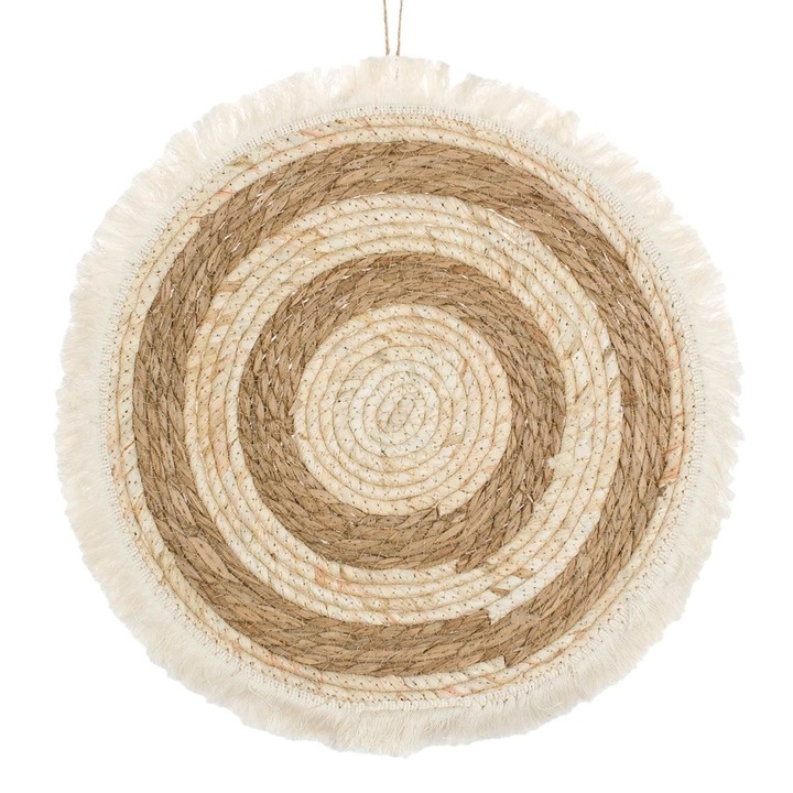 Кръгла сламена декорация за стена с екрю и бежови нюанси и къси ресни Shopiens, 25 см