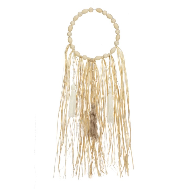 Decoratiune de Perete Coronita cu Pietre din Lemn Ciucuri & Frunze de Rafie 22x74cm