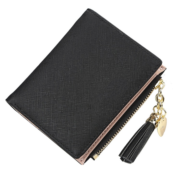 Portofel dama, negru, 11x1.5x10cm, din piele PU, cu 4 sloturi pentru carduri, fermoar