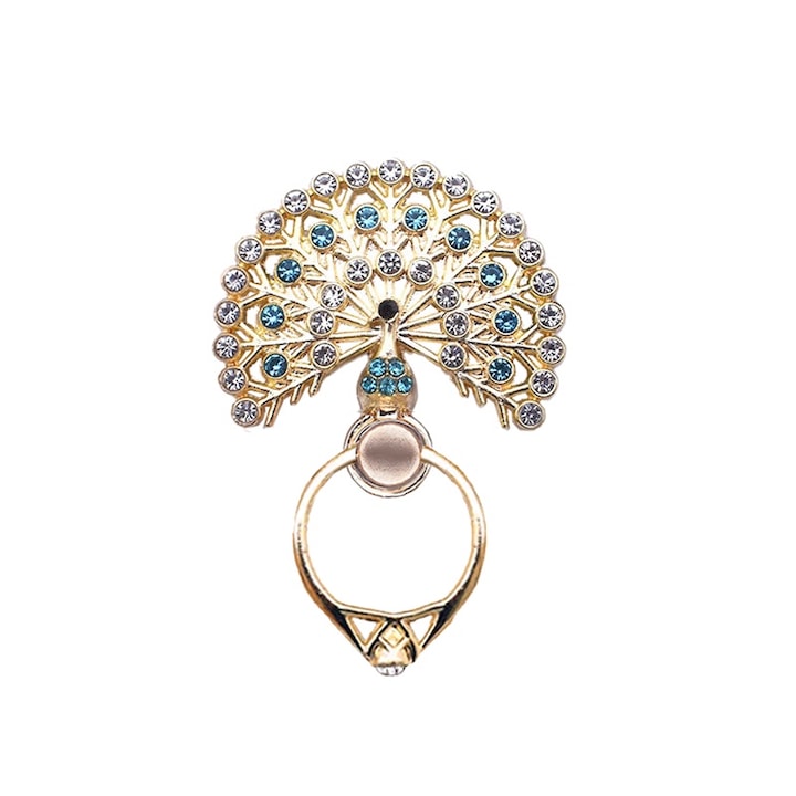 Valódi pava gyűrűs telefontartó, berakott kristályokkal, fehér/zöld