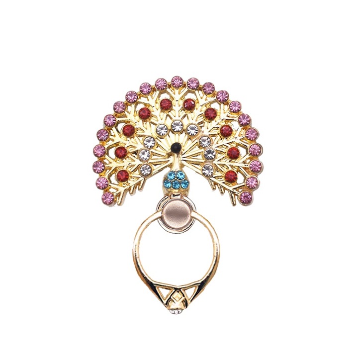 Telefontartó, páva dizájn kristályokkal, luxus fém, piros/rózsaszín