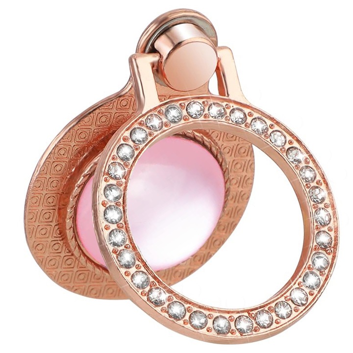 Suport pentru telefon mobil, piatra „ochiul pisicii”, rotatie 360°, compatibil cu telefoane de pana la 6.9 inch, universal, rose gold/roz