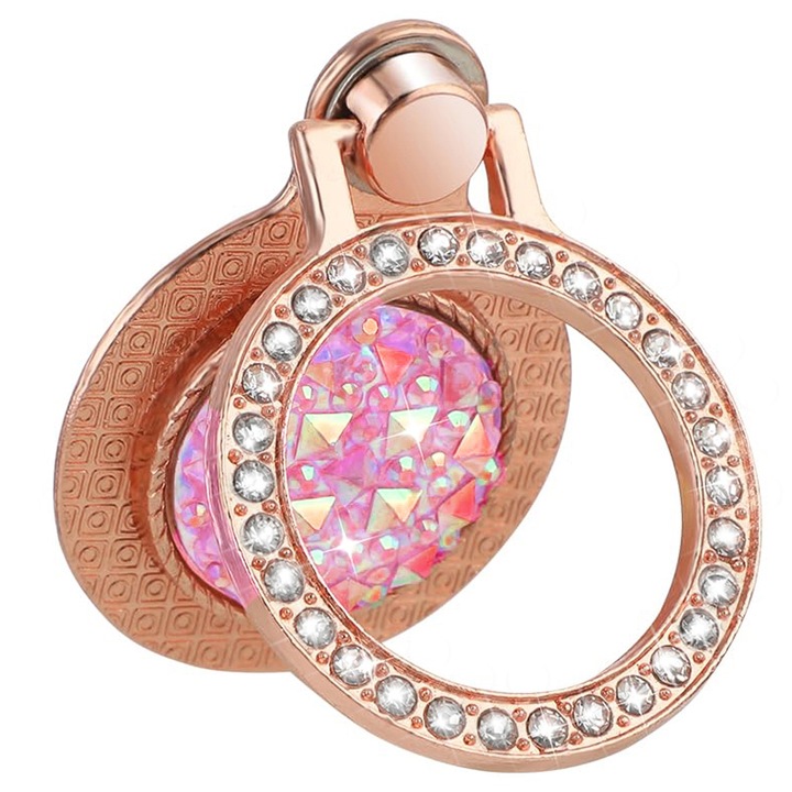 Suport pentru telefon mobil, energie cristalina, rotatie 360°, compatibil cu telefoane de pana la 6.9 inch, universal, rose gold/roz