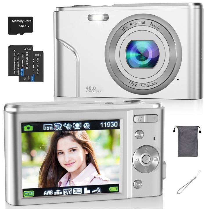 Aparat foto digital HICSHON, autofocus, 48 megapixeli, zoom 16x, cu card de memorie de 32 GB, argintiu