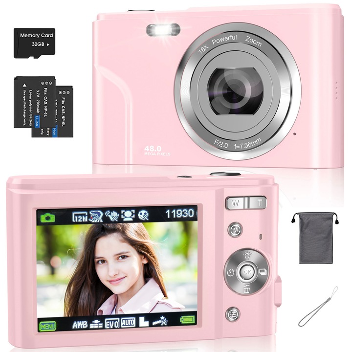 Aparat foto digital HICSHON, autofocus, 48 megapixeli, zoom 16x, card de memorie de 32 GB inclus, roz