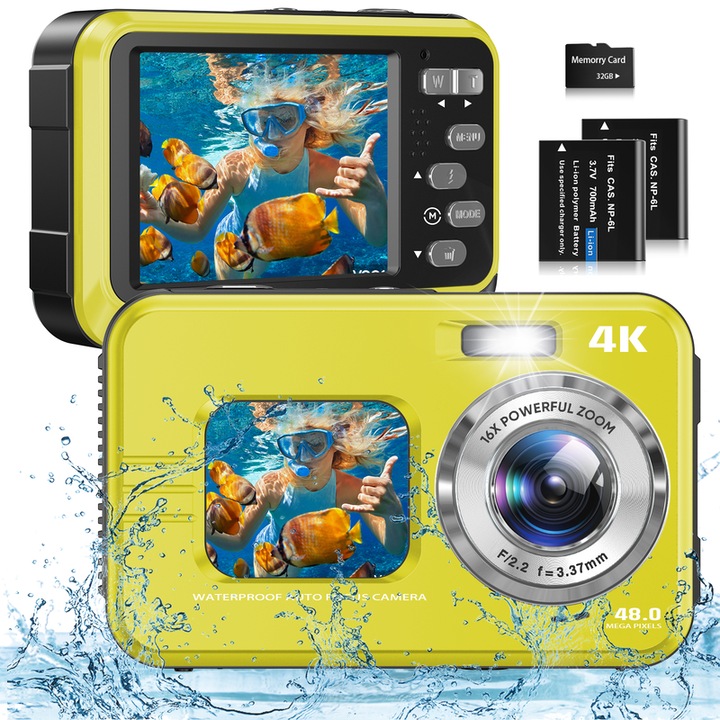 Víz alatti kamera 4K HICSHON, 48MP, 11FT, kétképernyős, kompakt, sárga