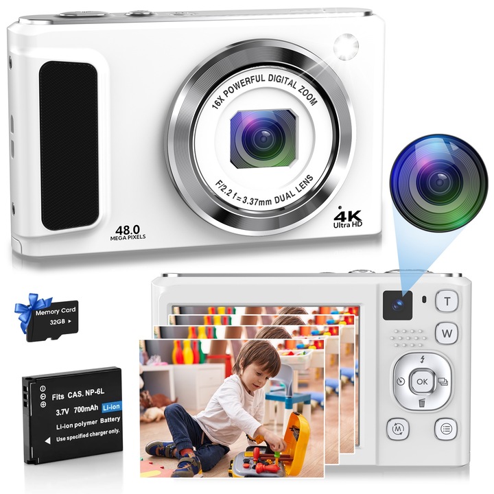 Aparat foto digital HICSHON, 48MP, autofocus, zoom 16x, 4K, set complet, Camera frontala si din spate, alb