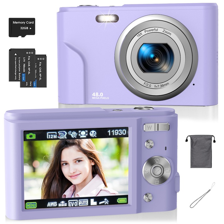 Aparat foto digital HICSHON, autofocus, 48 megapixeli, zoom 16x, card de memorie de 32 GB inclus, violet