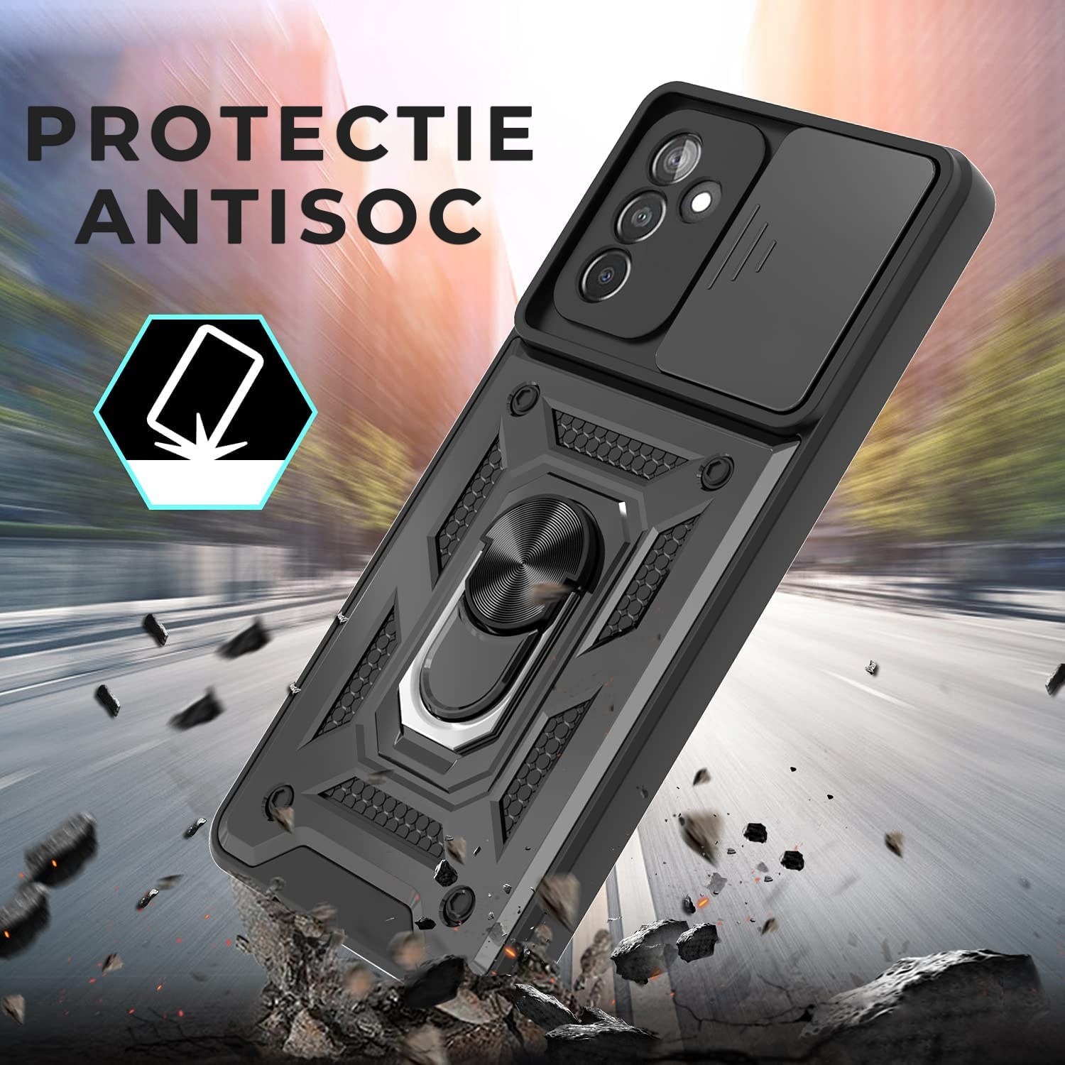 Husa pentru Samsung Galaxy S25 FE DaDen Hybrid Armor Kickstand, Slider Camera, Antisoc, Protectie Superioara, Negru