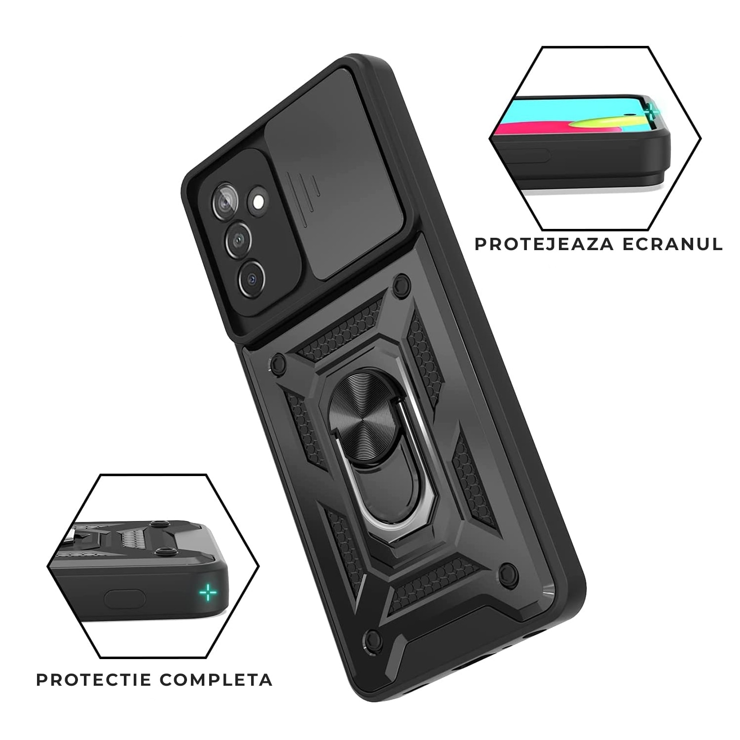 Husa pentru Samsung Galaxy S25 FE DaDen Hybrid Armor Kickstand, Slider Camera, Antisoc, Protectie Superioara, Negru