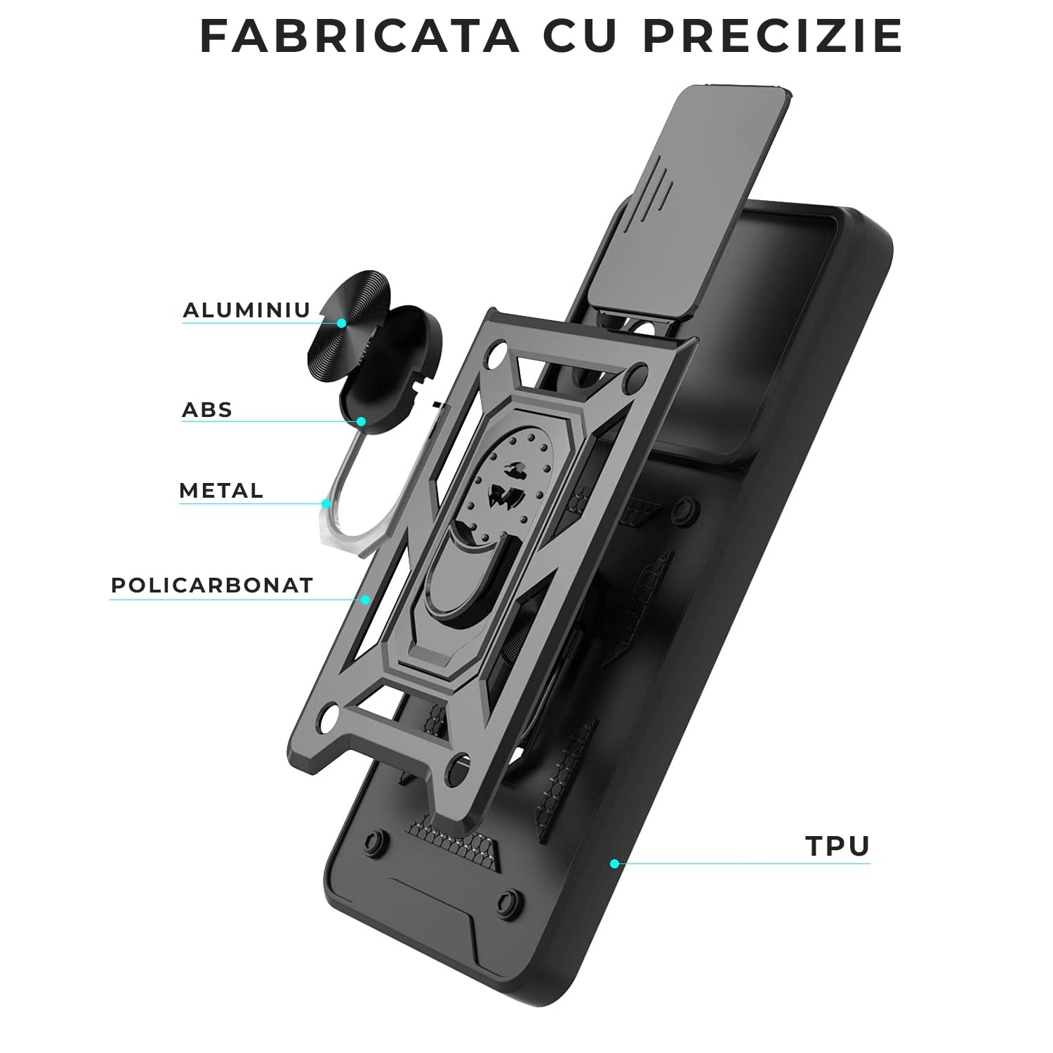 Husa pentru Samsung Galaxy S25 FE DaDen Hybrid Armor Kickstand, Slider Camera, Antisoc, Protectie Superioara, Negru