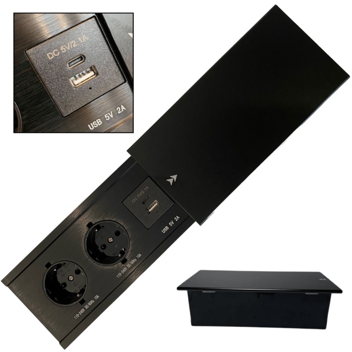 Priza incorporabila in blat, MOGODA, Birou sau Bucatarie, 2 prize Shucko, 1 x USB-C 5V 2.1A, 1 x USB-A 5V 2A, Fara cablu, Capac, Incastrabila in pal, 10A, 240V-2400W, Doza, Negru