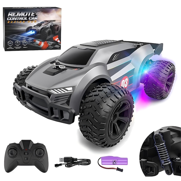 Távirányítós RC autó, Drift autó, 15 km/h, 2,4 GHz, egyedi felfüggesztések, LED lámpák, 1:22 méretarány, üzemidő 30 perc, szürke