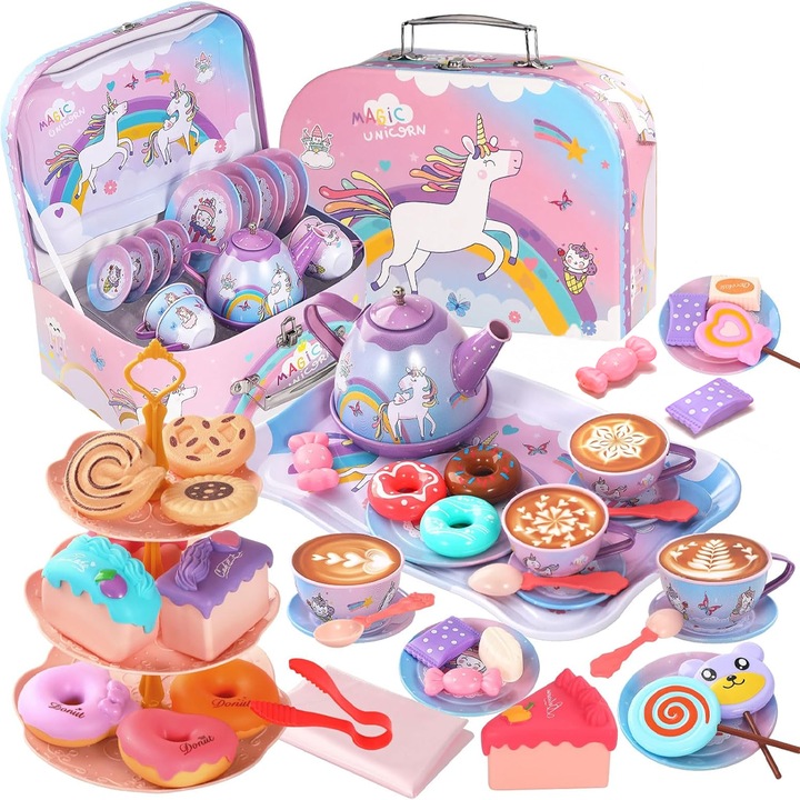 Set de ceai 48 buc pentru fetite, Princess Tea Party Set, Bucatarie pentru copii Dress Up Toys, 3-6 ani, Violet