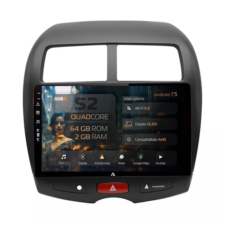 Navigatie HUB64 Mitsubishi ASX, Peugeot 4008 (2010-2018), 2GB RAM, 32GB ROM, Android, GPS, Wi-FI, Carplay, Android Auto, USB, Bluetooth, Radio, Waze, Touchscreen, 10.1 inch