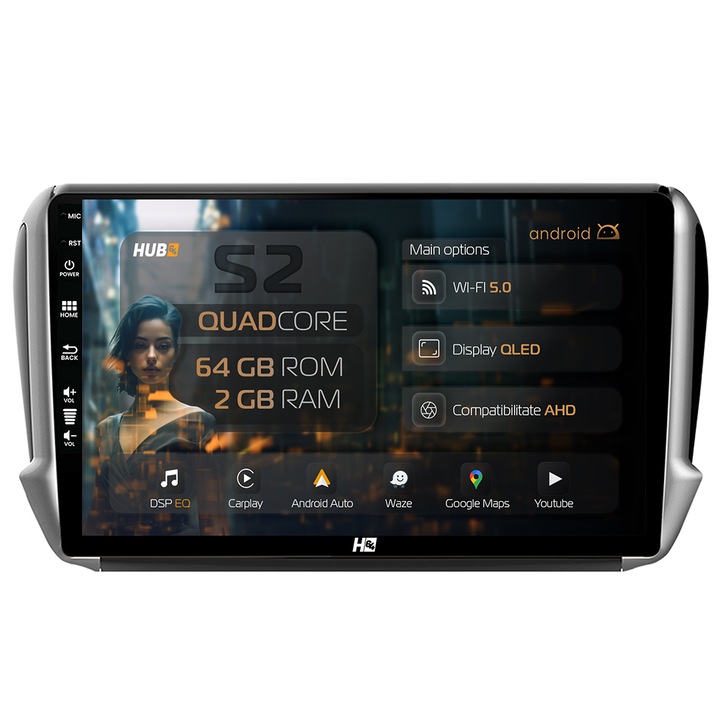 Navigatie HUB64 Peugeot 208,2008 (2012, ), 2GB RAM, 32GB ROM, Android, GPS, Wi-FI, Carplay, Android Auto, USB, Bluetooth, Radio, Waze, Touchscreen, 10.1 inch