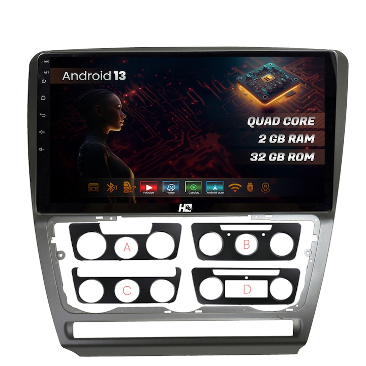 Navigatie HUB64 Skoda Octavia 2, 2GB RAM, Android 13, GPS, Wi-FI, Carplay, Android Auto, USB, Bluetooth, Radio, Waze, Touchscreen, 10.1 inch