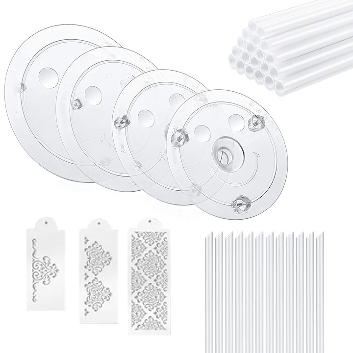Suport etajat pentru torturi, Plastic, Transparent, 9/12/16/20 cm, Cu 3 bucati de forma de tort