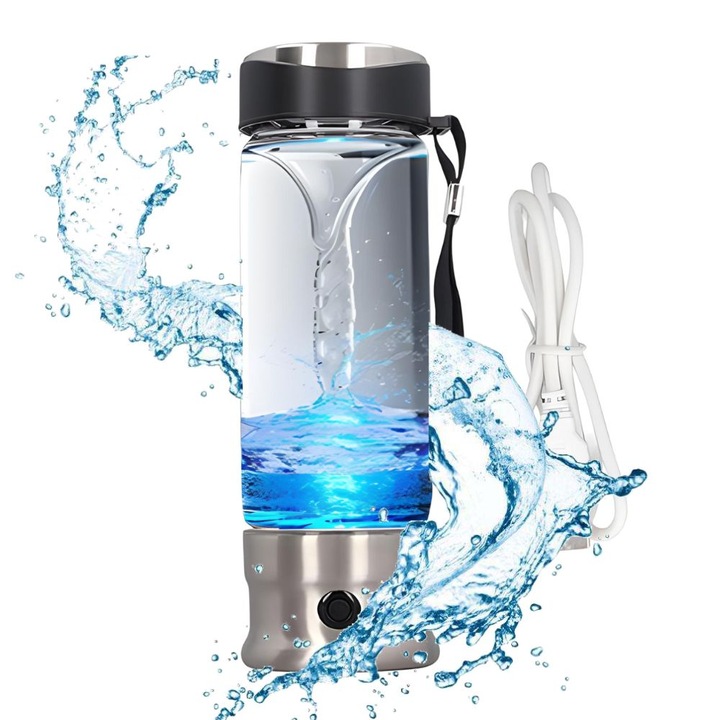 Sticla Generatoare de Apa Hidrogenata Veridion®, apa alcalina, ionizata, terapeutica, detoxifiere, portabila, incarcare USB, pana la 800 PPB, 410ml